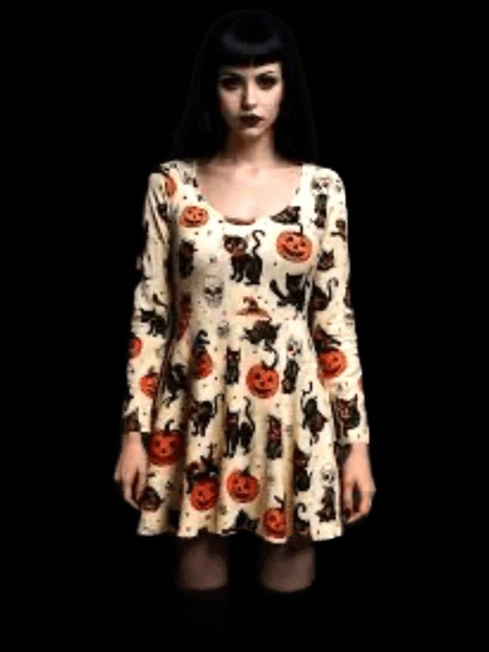 SOURPUSS Black Cat Print  Halloween Gothic Skater Dress Cream Long Sleeve S